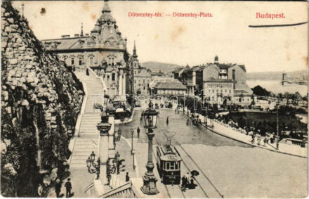 1909 Budapest I. Tabán, Döbrentey tér, Keller Ignác Tabáni bor és sör csarnoka, Rácz fürdő, villamos, Czigler-féle sarok palota. Divald Károly 1182-1909. (EK)