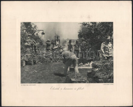 cca 1914-1918 Az Érdekes Ujság harctéri képeiből, 2 db I. világháborús fotónyomat: Elsütik a harminc és felest (30,5 cm-es mozsár tüzelés közben) + Ulánus katonák ereszkednek le a völgybe, lapméret: 35x28 cm