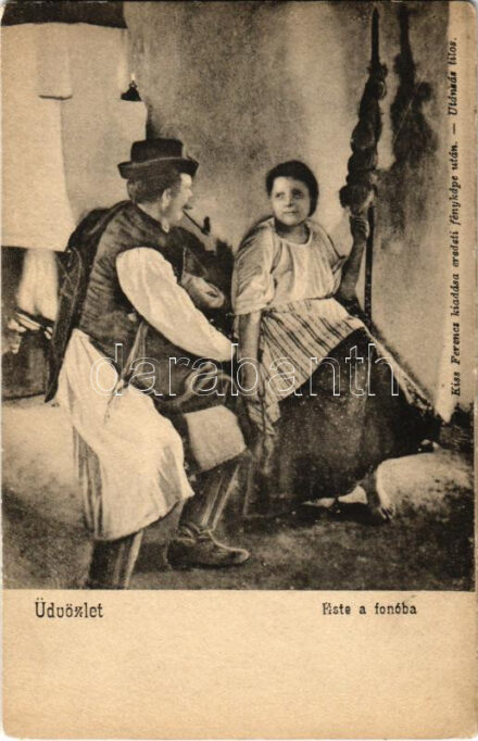 Üdvözlet este a fonóban. Kiss Ferenc kiadása eredeti fényképe után / Hungarian folklore