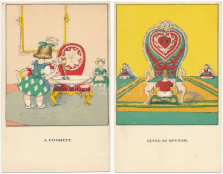 Egy jó kislány viselt dolgai I. sorozat 1. és 4. szám. Rajzolta Kozma Lajos - 2 db régi magyar művész képeslap