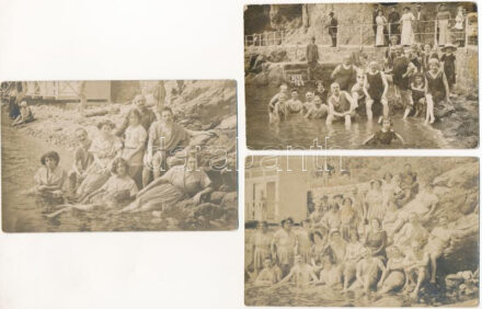 1910-11 Abbazia, Opatija; fürdőzők a tengerben Icicinél / beach in Ika, bathing people - 3 db régi eredeti fotó képeslap / 3 original photo postcards