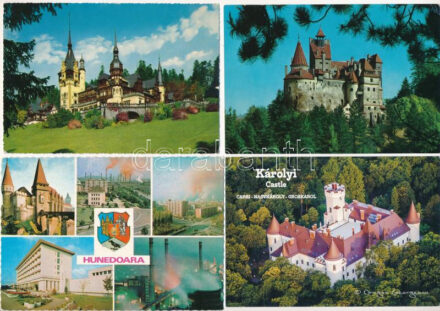 4 db MODERN erdélyi és román képeslap várakkal / 4 modern Transylvanian and Romanian postcards with castles: Carei, Bran, Hunedoara, Sinaia