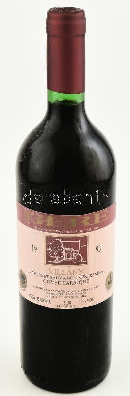 1993 Gere Villányi Cabernet Sauvignon - Kékfrankos Cuvée Barrique, bontatlan palack száraz vörösbor,13%, pincében szakszerűen tárolt, kopott, 0,75 l.