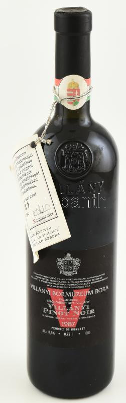 1987 Villányi Bormúzeum Villányi Pinot Noir 1987, számozott (1521/6742.) palack, bontatlan palack száraz vörösbor, pincében szakszerűen tárolt, 11,5%, 0,75l.