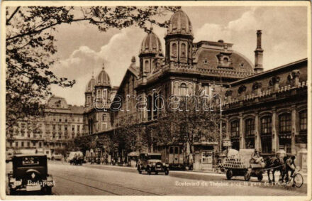 Budapest VI. Teréz körút, Nyugati pályaudvar, vasútállomás, autók, kerékpáros, lovas kocsi, tehervillamos