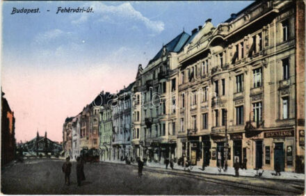Budapest XI. Fehérvári út, húscsarnok, üzletek, villamos. Knöpfmacher J. felvétele 1926/31.