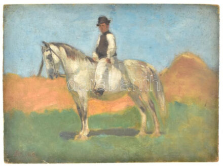 Juszkó Béla (1877-1969): Lóháton. Olaj, vászon, kartonon, jelezve balra lent, 25x33,5 cm