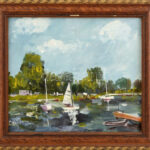 Bánfi jelzéssel: Balatoni vitorlások. Olaj, karton. Dekoratív fakeretben. 34x41,5 cm