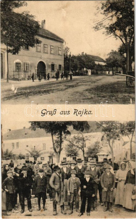 Rajka, Fő tér, üzletek, helyiek csoportja. H. Jellinek Fotograf (Wien) (fl)