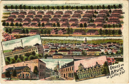1910 Lajtabruck, Bruck an der Leitha; Schloss Prugg, Barackenlager, Stadt Bruck, Militär Konservenfabrik, Hauptwache im Barackenlager, Kaiser Franz Josef Straße / Prugg (Harrach) kastély, Osztrák-magyar katonai tábor, Konzervgyár, Főőrség,