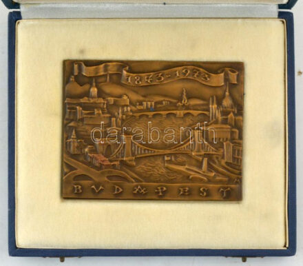 Madarassy Walter (1909-1994) 1973. 'Budapest 1873-1973' egyoldalas, öntött bronz plakett dísztokban (78x101mm) T:UNC
