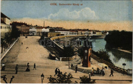 Győr, Zechmeister Károly út, Időjelző torony barométerekkel és hőmérőkkel, utcai árus, rakparti iparvasút. Polgár Bertalan kiadása