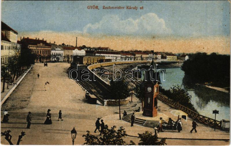 Győr, Zechmeister Károly út, Időjelző torony barométerekkel és hőmérőkkel, utcai árus, rakparti iparvasút. Polgár Bertalan kiadása