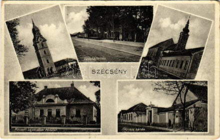 1936 Szécsény, vasútállomás, őrtorony, Római katolikus templom és iskola, Kossuth Lajos utcai részlet, Haynald zárda. Schwarcz Nándor kiadása (kopott sarkak / worn corners)