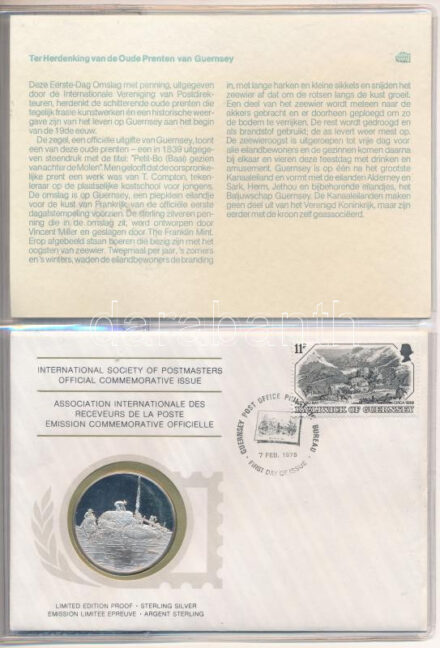 1978. 'Postamesterek Nemzetközi Szövetsége hivatalos emlékérem kiadása 1978 - Guernsey' Ag emlékérem érmés borítékban, első napi bélyegzős bélyeggel, holland nyelvű leírással (20g/0.925/39mm) T:PP 1978. 'Internatinal Society of