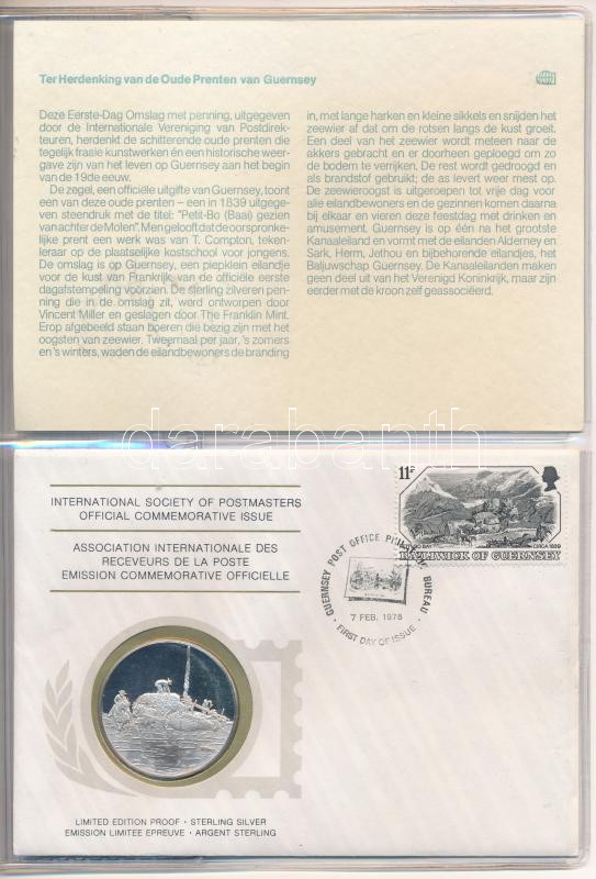 1978. 'Postamesterek Nemzetközi Szövetsége hivatalos emlékérem kiadása 1978 - Guernsey' Ag emlékérem érmés borítékban, első napi bélyegzős bélyeggel, holland nyelvű leírással (20g/0.925/39mm) T:PP 1978. 'Internatinal Society of