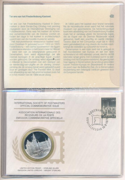 1978. 'Postamesterek Nemzetközi Szövetsége hivatalos emlékérem kiadása 1978 - Dánia' Ag emlékérem érmés borítékban, első napi bélyegzős bélyeggel, holland nyelvű leírással (20g/0.925/39mm) T:PP 1978. 'Internatinal Society of