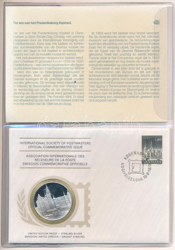 1978. 'Postamesterek Nemzetközi Szövetsége hivatalos emlékérem kiadása 1978 - Dánia' Ag emlékérem érmés borítékban, első napi bélyegzős bélyeggel, holland nyelvű leírással (20g/0.925/39mm) T:PP 1978. 'Internatinal Society of