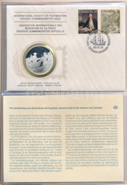 1978. 'Postamesterek Nemzetközi Szövetsége hivatalos emlékérem kiadása 1978 - Kanada' Ag emlékérem érmés borítékban, első napi bélyegzős bélyeggel, holland nyelvű leírással (20g/0.925/39mm) T:PP 1978. 'Internatinal Society of