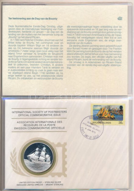 1978. 'Postamesterek Nemzetközi Szövetsége hivatalos emlékérem kiadása 1978 - Pitcairn-szigetek' Ag emlékérem érmés borítékban, első napi bélyegzős bélyeggel, holland nyelvű leírással (20g/0.925/39mm) T:PP 1978. 'Internatinal