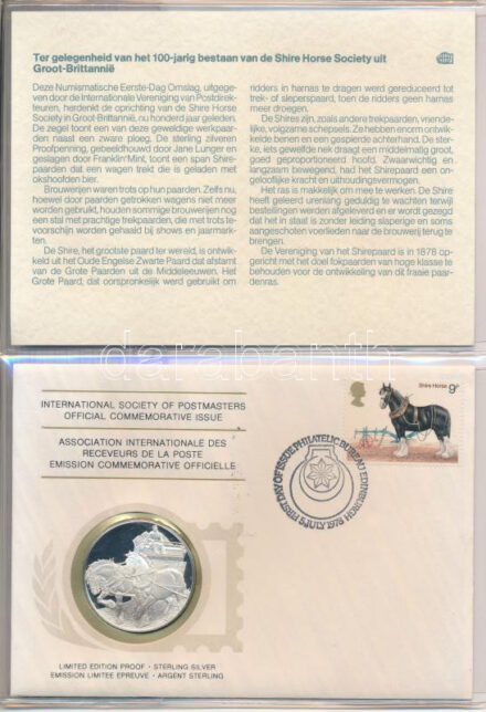 1978. 'Postamesterek Nemzetközi Szövetsége hivatalos emlékérem kiadása 1978 - Skócia' Ag emlékérem érmés borítékban, első napi bélyegzős bélyeggel, holland nyelvű leírással (20g/0.925/39mm) T:PP 1978. 'Internatinal Society of