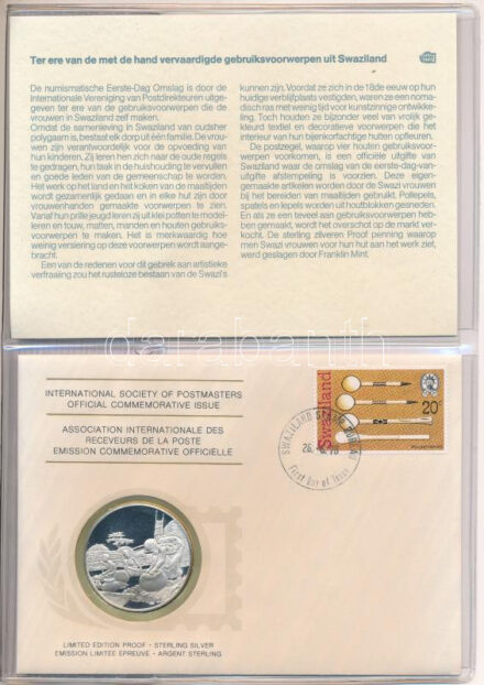1978. 'Postamesterek Nemzetközi Szövetsége hivatalos emlékérem kiadása 1978 - Szváziföld' Ag emlékérem érmés borítékban, első napi bélyegzős bélyeggel, holland nyelvű leírással (20g/0.925/39mm) T:PP 1978. 'Internatinal Society