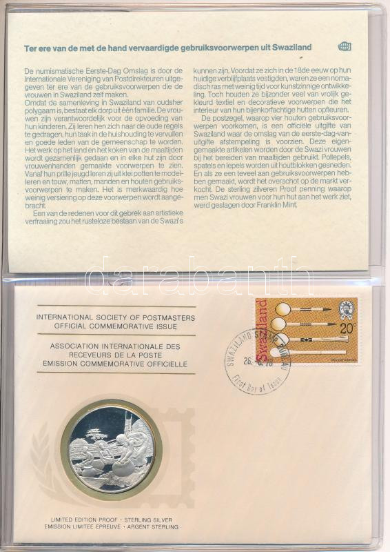 1978. 'Postamesterek Nemzetközi Szövetsége hivatalos emlékérem kiadása 1978 - Szváziföld' Ag emlékérem érmés borítékban, első napi bélyegzős bélyeggel, holland nyelvű leírással (20g/0.925/39mm) T:PP 1978. 'Internatinal Society