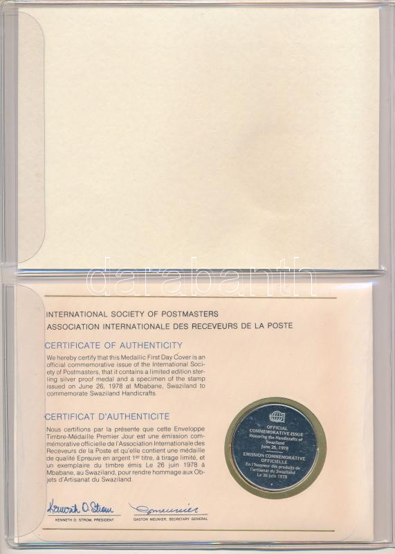 1978. 'Postamesterek Nemzetközi Szövetsége hivatalos emlékérem kiadása 1978 - Szváziföld' Ag emlékérem érmés borítékban, első napi bélyegzős bélyeggel, holland nyelvű leírással (20g/0.925/39mm) T:PP 1978. 'Internatinal Society - Image 2