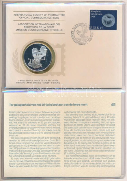 1978. 'Postamesterek Nemzetközi Szövetsége hivatalos emlékérem kiadása 1978 - Írország' Ag emlékérem érmés borítékban, első napi bélyegzős bélyeggel, holland nyelvű leírással (20g/0.925/39mm) T:PP 1978. 'Internatinal Society
