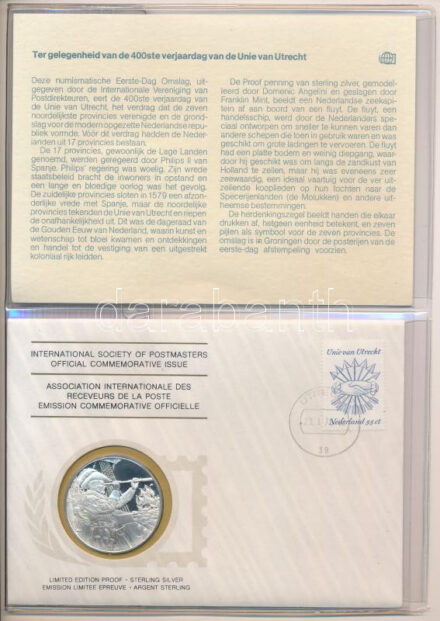 1979. 'Postamesterek Nemzetközi Szövetsége hivatalos emlékérem kiadása 1979 - Hollandia' Ag emlékérem érmés borítékban, első napi bélyegzős bélyeggel, holland nyelvű leírással (20g/0.925/39mm) T:PP 1979. 'Internatinal Society of