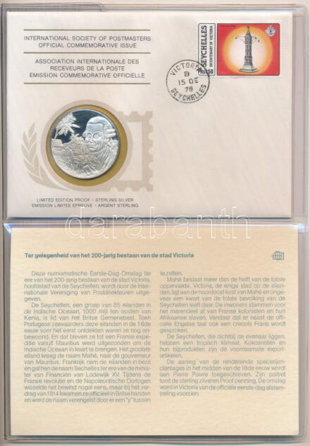 1979. 'Postamesterek Nemzetközi Szövetsége hivatalos emlékérem kiadása 1979 - Seychelle-szigetek' Ag emlékérem érmés borítékban, első napi bélyegzős bélyeggel, holland nyelvű leírással (20g/0.925/39mm) T:PP 1979. 'Internatinal