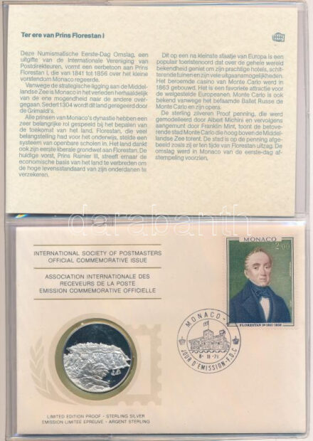 1979. 'Postamesterek Nemzetközi Szövetsége hivatalos emlékérem kiadása 1979 - Monaco' Ag emlékérem érmés borítékban, első napi bélyegzős bélyeggel, holland nyelvű leírással (20g/0.925/39mm) T:PP 1979. 'Internatinal Society of