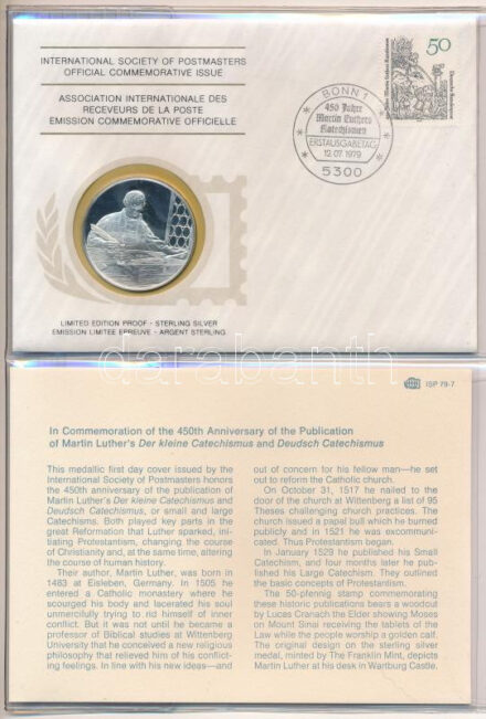 1979. 'Postamesterek Nemzetközi Szövetsége hivatalos emlékérem kiadása 1979 - NSZK' Ag emlékérem érmés borítékban, első napi bélyegzős bélyeggel, holland nyelvű leírással (20g/0.925/39mm) T:PP 1979. 'Internatinal Society of