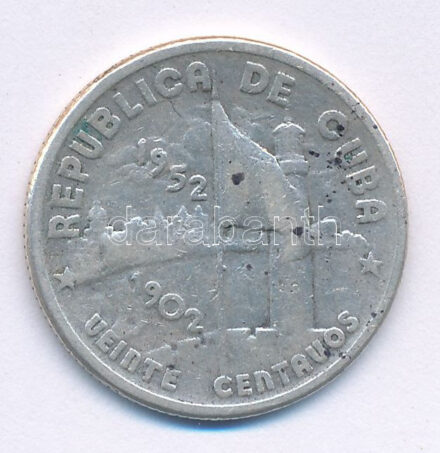 Kuba 1952. 20c Ag T:VF Cuba 1952. 20 Centavos Ag C:VF Krause KM#24