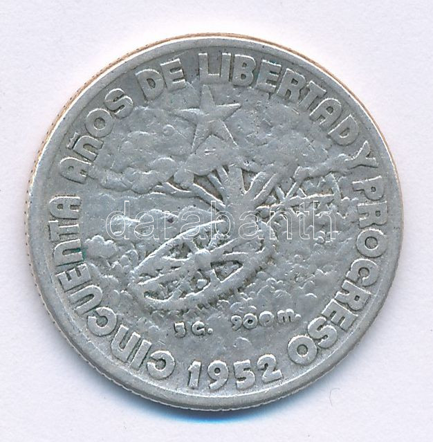 Kuba 1952. 20c Ag T:VF Cuba 1952. 20 Centavos Ag C:VF Krause KM#24 - Image 2