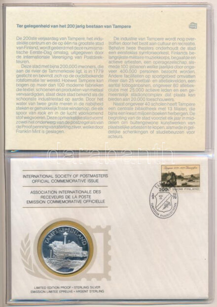1979. 'Postamesterek Nemzetközi Szövetsége hivatalos emlékérem kiadása 1979 - Finnország' Ag emlékérem érmés borítékban, első napi bélyegzős bélyeggel, holland nyelvű leírással (20g/0.925/39mm) T:PP 1979. 'Internatinal Society