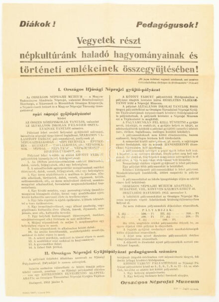 1952 Országos Néprajzi Múzeum hirdetménye ifjúsági néprajzi gyűjtő-pályázat ügyében, 19,5x21,5 cm