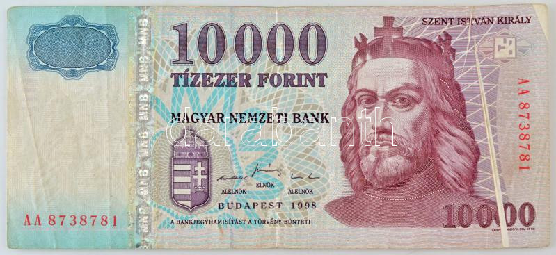 1998. 10.000Ft 'AA 8738781' látványos nyomdahibával T:F Hungary 1998. 10.000 Forint 'AA 8738781' with a spectacular typographical error C:F