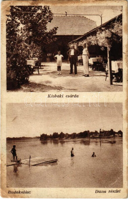 1942 Budakalász, Kisbaki csárda, Duna részlet, fürdőzők, gőzhajó. Kvezsevits Bogdán kiadása (EB)