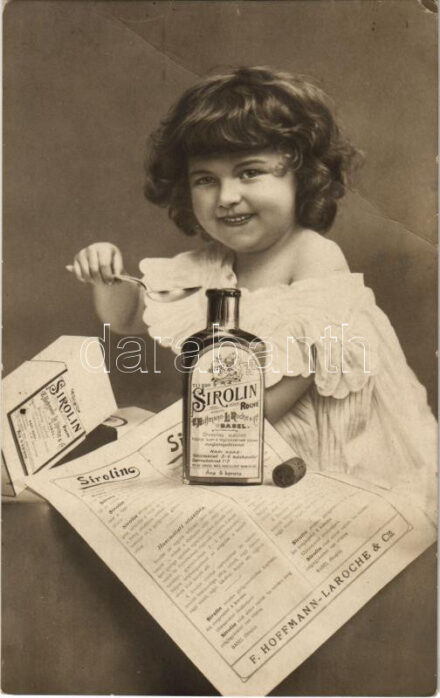 Sirolin reklám, tanároktól és orvosoktól ajánlott köhögés, szamárhurut, bronchitis, tuberkulózis és influenza ellen / expectorant advertisement card (fa)