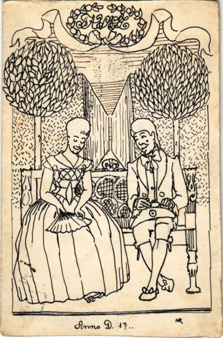 1907 Kézzel rajzolt képeslap Temesvárról / Hand-drawn art postcard sent from Timisoara (vágott / cut)