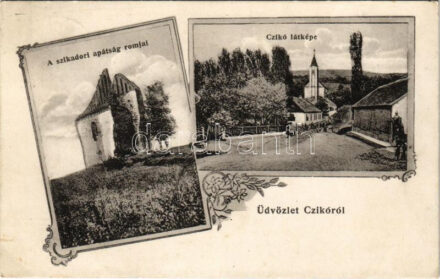 1916 Cikó, Czikó (Tolna); A szikadori apátság romjai, látkép, utca. Gász József kiadása Art Nouveau, floral (EK)