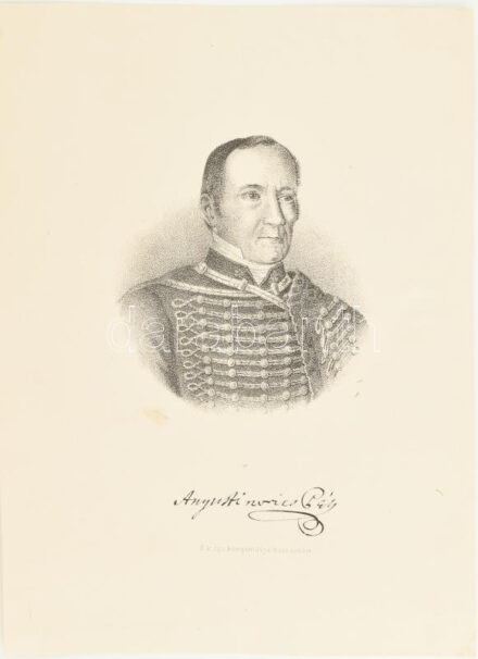 Augusztinovics Pál (1763-1837), az erdélyi főszámvevőség elnöke, aki végrendeletében az unitárius egyházra hagyta vagyonát. Litográfia, papír. R. k. lyc. kőnyomdája Kolozsvárt. 23x16,5 cm. Apró folttal.