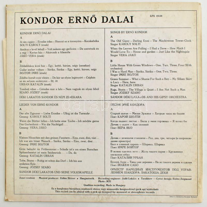 Kondor Ernő - Hungarian Songs (Kondor Ernő dalai). Vinyl, LP, Stereo. Qualiton, Magyarország, 1970. VG+ - Image 2