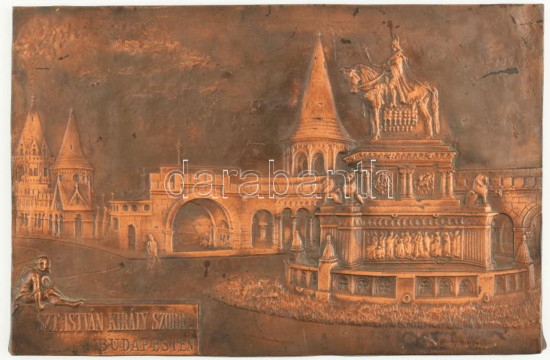 Szent István király szobra Budapesten bronzírozott lemezkép, kopott, 18,5x28 cm