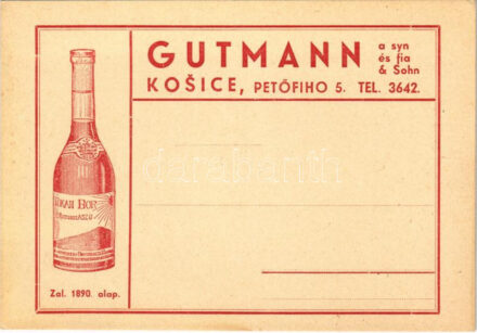 Gutmann és fia 'Tokaji 5 Puttonyos Aszú' reklámlap Kassáról / Hungarian wine advertisement from Kosice
