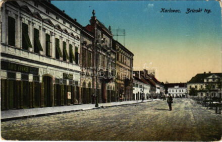 Károlyváros, Karlovac; Zrínyi tér, Dávid Kramer és Jos. Purebl üzlete / Zrinski trg / square, shops (kopott sarkak / worn corners)