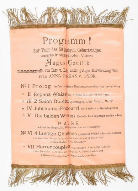 cca 1910-1920 német nyelvű táncrend és meghívó August Czullik 50. születésnapjára, vászonon, szép állapot foltokkal, 40x27 cm