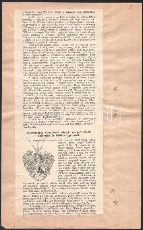 cca 1910 A gyulai Szőke, azután maros-németi és nádaskai Gyulai (és az Edelsheim-Gyulaihoz is köthető) nemesi család nemesi ármálisa, 2 db kézzel írt leszármazási táblával. Részben könyvekből kivágott és lapokra ragasztott - Image 3
