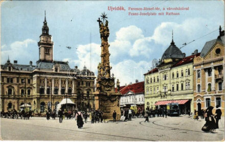 Újvidék, Novi Sad; Ferenc József tér, városháza, Szentháromság szobor, Mayer szálloda, villamos, piac / market, town hall, Trinity statue, hotel, tram + 'K.u.k. Militär-Zensurkommision'